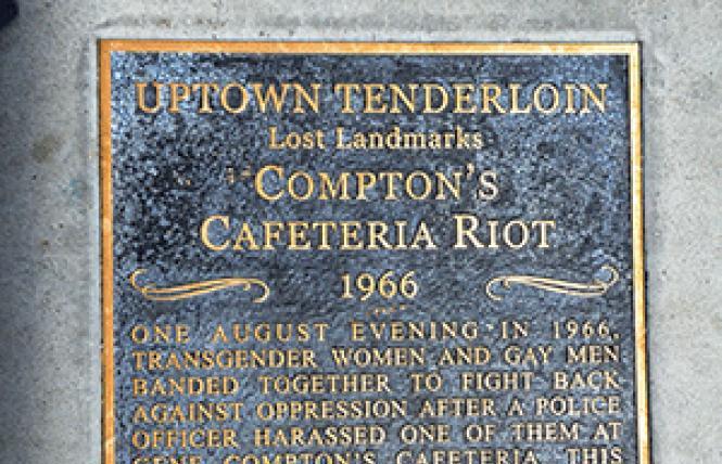 A sidewalk plaque in front of the site of Compton's Cafeteria commemorates the 1966 riot that took place there. The San Francisco Board of Supervisors has given support to a resolution to landmark the intersection near the former diner. Photo: Rick Gerharter