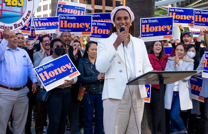Honey Mahogany spoke to supporters at her kick-off event for the District 6 supervisor seat June 2. Photo: Courtesy Mahogany campaign<br>