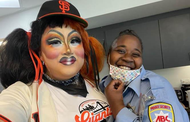 Panda Dulce, left, posed for a selfie with a security guard in uniform the day homophobic slurs were hurled at them during a Drag Queen Story Hour at San Lorenzo Library on June 11. Photo: Courtesy Panda Dulce via KQED