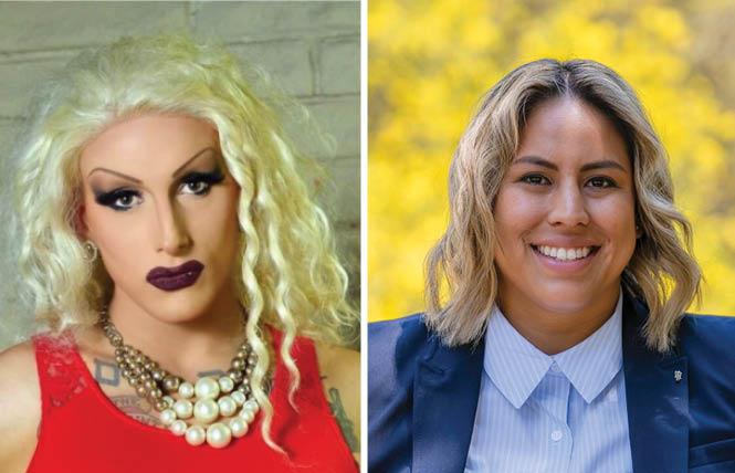 G "Maebe A. Girl" Pudlo, a nonbinary drag queen, left, and social worker Caroline Menjivar have advanced to the November general election in their respective races. Photos: Pudlo, courtesy votersedge.org; Menjivar, courtesy the candidate