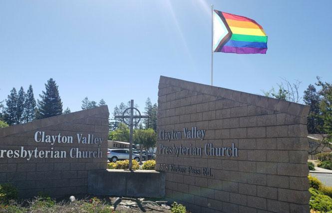 The Progress Pride flag flies outside Clayton Valley Presbyterian Church. Photo: Courtesy Peter Cloven