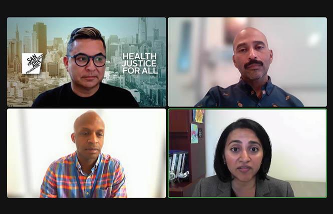 Clockwise from top left, Russell Roybal, Jorge Roman, Dr. Susan Philip, and Dr. Hyman Scott answered questions during a July 12 virtual monkeypox forum. Photo: Screengrab