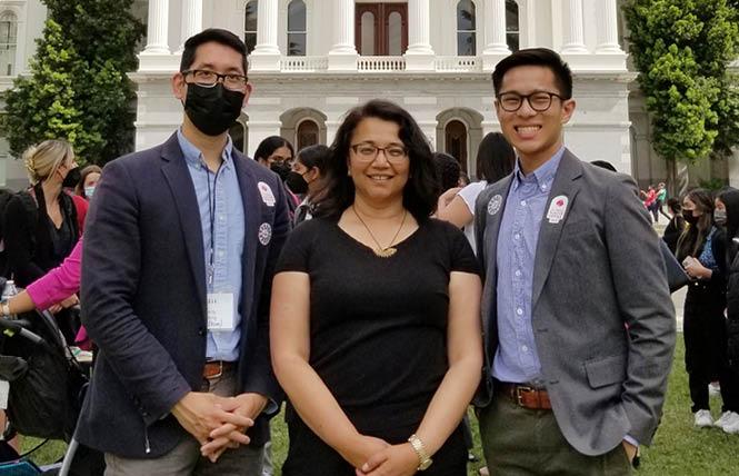 Andy Wong, left, joined Shanti Elise Prasad and Nicholas Gee outside the state Capitol for the Ignite Advocacy Day. Photo: Courtesy Andy Wong