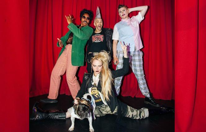(L-R) Fontaine Blue, Fudgie Frottage, Meatflap (L-R, floor), Varla the Frenchie and DeeDee Luxe will perform at the 26th Drag King Contest at Oasis. photo: Sloane Kanter