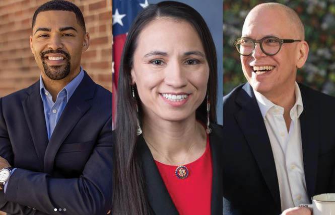 Erick Russell, left, is running for Connecticut treasurer and won his primary election, while Congressmember Sharice Davids and Ohio Statehouse candidate Jim Obergefell also claimed victory in their primary races. Photos: Russell, courtesy Instagram; Davids, courtesy Davids' office; Obergefell, Emma Parker Photography