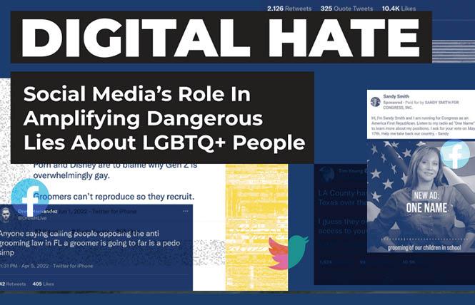 The Human Rights Campaign and Center for Countering Digital Hate have released a report showing that use of the anti-LGBTQ term "groomer" has increased more than 400% on social media. Illustration: Courtesy HRC/CCDH<br>