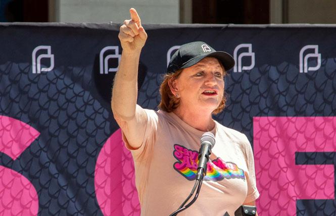 State Senate President pro Tempore Toni Atkins spoke at a reproductive freedom rally. Photo: Courtesy Twitter<br>