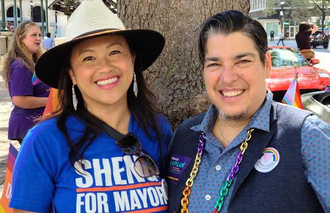 Oakland City Councilmember and mayoral candidate Sheng Thao, left, joined fellow City Councilmember and Alameda County supervisor candidate Rebecca Kaplan at the September 4 Oakland Pride parade. Photo: Cynthia Laird