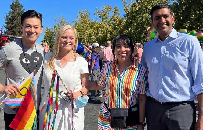 San Jose mayoral candidate and Santa Clara County Supervisor Cindy Chavez, second from left, was joined by gay Assemblymember Evan Low, left, and Congressmember Ro Khanna, right, at Silicon Valley Pride in August. Photo: Courtesy the candidate