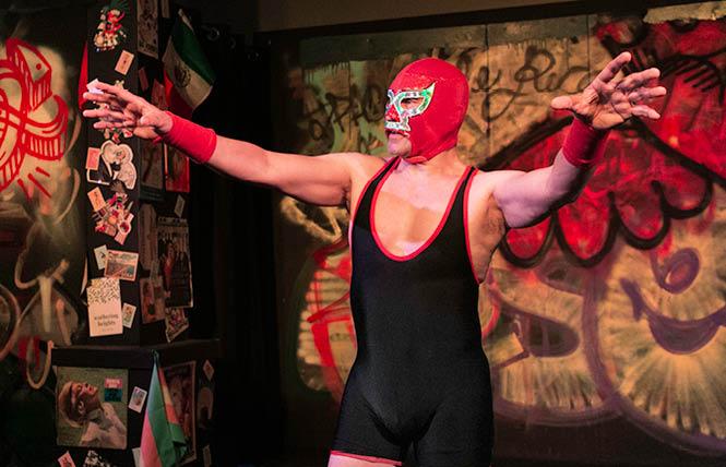 "Wrestler Dad" is one of seven characters Rudy Guerrero brings to life in the solo show "Bad Hombres," playing Thursdays through Sundays at Theatre Rhinoceros through October 30. Photo: Vince Thomas<br>