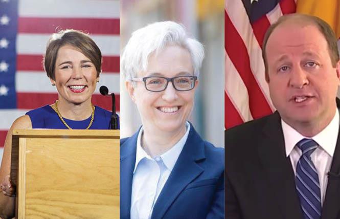 Out gubernatorial candidates Maura Healey in Massachusetts, Tina Kotek in Oregon, and incumbent Jared Polis in Colorado hope to win their November 8 races. Photos: Courtesy the candidates