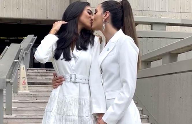 Mariana Varela and Fabiola Valentin shared a kiss on their Instagram post announcing their marriage. Photo: Via Instagram<br>