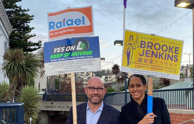 Gay District 8 Supervisor Rafael Mandelman, left, campaigned with San Francisco District Attorney Brooke Jenkins. Both are hoping for wins Tuesday night. Photo: Courtesy Facebook