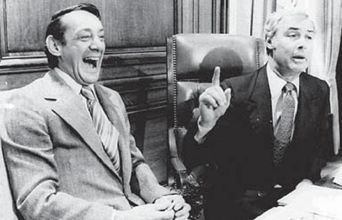 A photographer from the Associated Press in 1977 captured this iconic image of Supervisor Harvey Milk, left, and Mayor George Moscone inside San Francisco City Hall. Photo: Courtesy of Holt-Atherton Special Collections, University of the Pacific Library