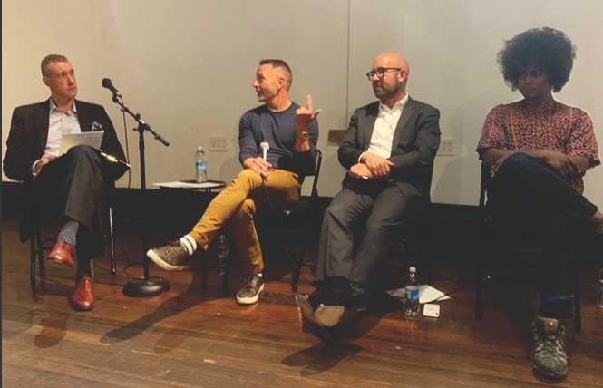 Moderator John Hendricks, left, asked questions of panelists Dave Karraker, Supervisor Rafael Mandelman, and Levi Maxwell during a recent meeting about the business climate in the Castro. Photo: Sari Staver