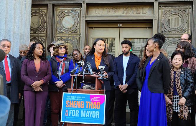 Oakland Mayor-elect Sheng Thao spoke to the media and supporters at her first news conference since winning the mayor's race Wednesday, November 22, outside City Hall. Photo: Cynthia Laird