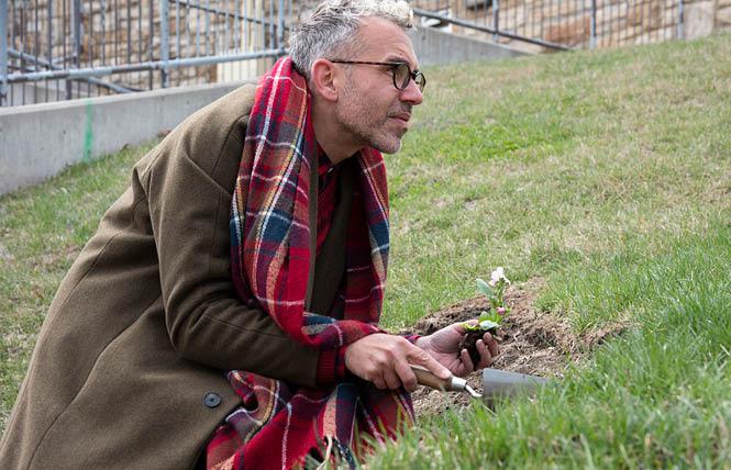 Artist Paul Harfleet plants a pansy by the Campanile on the University of Kansas' campus to mark an incident of homophobic abuse. Photo Credit: Courtesy of the Spencer Museum of Art, University of Kansas