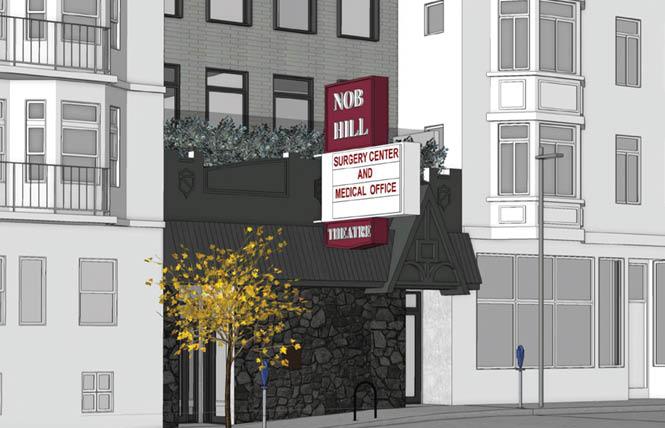 An artist rendering of the proposed surgical center and residences at the former Nob Hill Theatre shows that the storied marquee will be incorporated into the site. Illustration: Courtesy John Lum Architecture