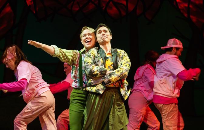 Andy (Ezra Reaves) and Touchstone (Nicholas Yenson) sing a love ballad accompanied by backup dancers in San Francisco Playhouse's musical version of 'As You Like It.'<br>(photo: Jessica Palopoli)