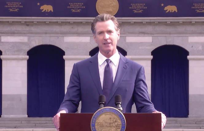 Governor Gavin Newsom delivers his second inaugural address Friday, January 6, in Sacramento. Photo: Screengrab