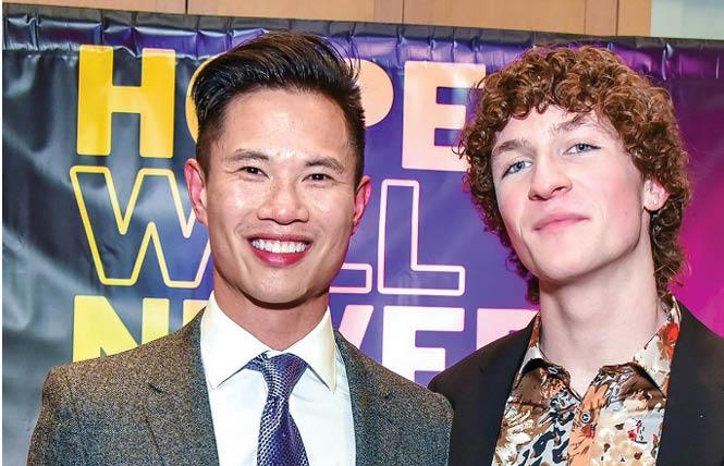 Jeffrey Kwong, left, the new Harvey Milk LGBTQ Democratic Club president, greeted Florida high school graduate Zander Moricz, who delivered the keynote address at the club's 2022 gayla. Photo: Courtesy Instagram<br>