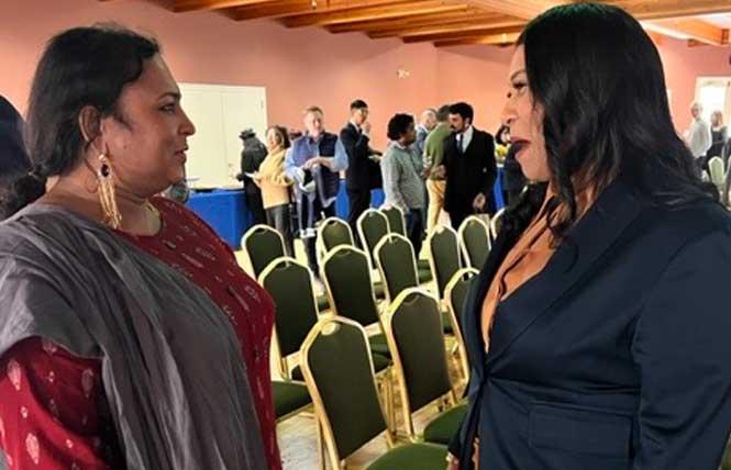 Anjali Rimi, left, president of ParivarBayArea, talks with San Francisco Mayor London Breed. Photo: Courtesy ParivarBayArea