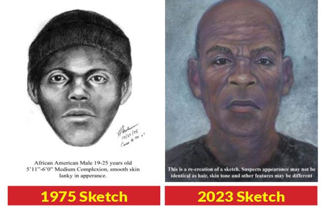 The original 1975 sketch of the "Doodler" suspect, left, was updated in 2023 using age progression to show what the man might look like today. Illustration: Courtesy SFPD