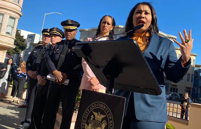 San Francisco Mayor London Breed, speaking, was joined by District Attorney Brooke Jenkins, Police Chief William Scott, and other officials at a January 26 news conference to discuss new hate crimes protocols. Photo: John Ferrannini