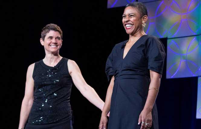 Kierra Johnson, right, now the executive director of the National LGBTQ Task Force, joined then-executive director Rea Carey on stage at a Creating Change conference. Photo: Courtesy National LGBTQ Task Force