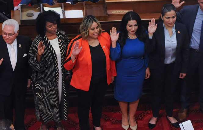 State Senator Caroline Menjivar, center, took her oath of office in December. Since then, she has been busy meeting colleagues and is a budget subcommittee chair. Photo: Courtesy Sen. Caroline Menjivar's office<br><br>