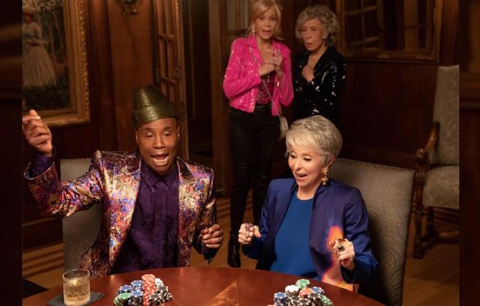 Billy Porter with Rita Moreno, while Jane Fonda and Lily Tomlin look on in a scene from '80 for Brady'