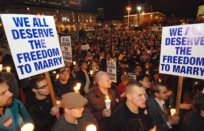 On November 5, 2008, over a thousand people turned out for a candlelight vigil on the steps of San Francisco City Hall after the passage of Proposition 8. Photo: Rick Gerharter