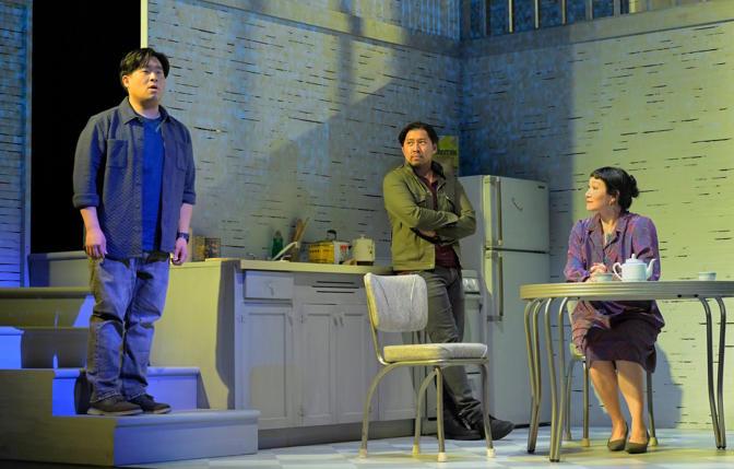 (L—R) Phil Wong (Henry), Jomar Tagatac (Tom), and Erin Mei-Ling Stuart (Leena) <br>in the West Coast premiere of Christopher Chen's 'The Headlands' (photo: Kevin Berne)