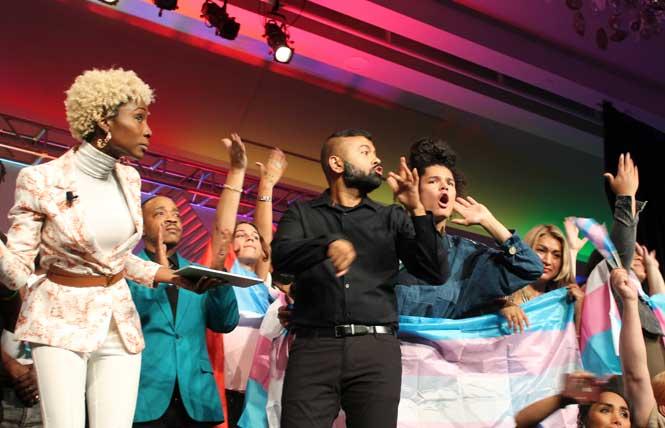 "Pose" star and transgender activist Angelica Ross, left, led about 50 transgender conference staff and volunteers in a protest with multiple grievances against the National LGBTQ Task Force's management and planning of Creating Change 35 at the conference's closing plenary February 20. Photo: Heather Cassell