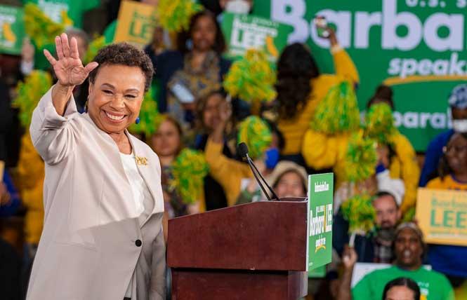 Congressmember Barbara Lee waves to the crowd at the kickoff for her U.S. Senate campaign February 25 at Laney College in Oakland. Photo: Jane Philomen Cleland
