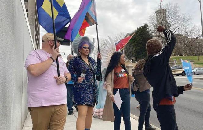 Advocates who oppose a law that could impact drag shows and where they could be held marched from a rally outside of the Tennessee Capitol in Nashville on February 14 to the Cordell Hull legislative building. Photo: Jonathan Mattise/AP