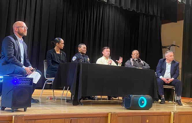 District 8 Supervisor Rafael Mandelman, left, moderated a safety town hall March 10 at the Upper Noe Valley Recreation Center that featured District Attorney Brooke Jenkins, police Chief William Scott, Healthy Streets Operations director Sam Dodge, SF SAFE security services manager Furlishous Wyatt, and District 8 safety liaison Dave Burke. Photo: John Ferrannini