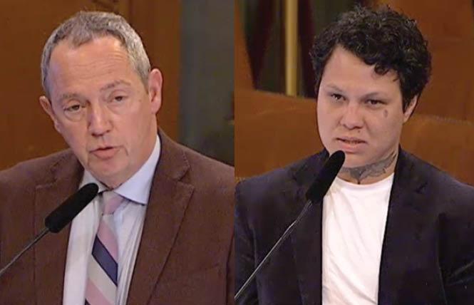 Former San Francisco supervisor and current BART board member Bevan Dufty, left, and Joaquin Whitt Guerrero, director of housing for Our Trans Home SF, were recommended for seats on the city's new homelessness commission by the Board of Supervisors' Rules Committee. Photo: Screengrab via SFGov.TV