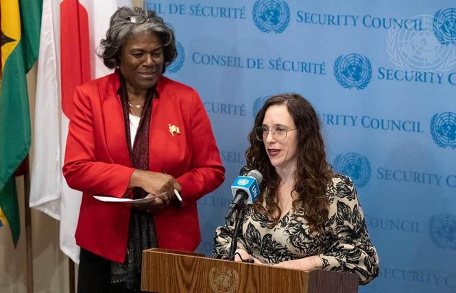 U.S. Ambassador to the U.N. Linda Thomas-Greenfield, left, looks on as Jessica Stern, U.S. special envoy to advance the human rights of LGBTQI+ persons, speaks at a press briefing just before entering the March 20 Arria formula meeting at the U.N. Security Council on March 20. Photo: USUN/Evan Schneider