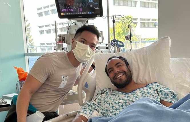 Patrick Perez, right, who was shot April 8 in the Union Square area, was visited in the hospital by his friend Jeffrey Huang. Photo: Courtesy Patrick Perez. 