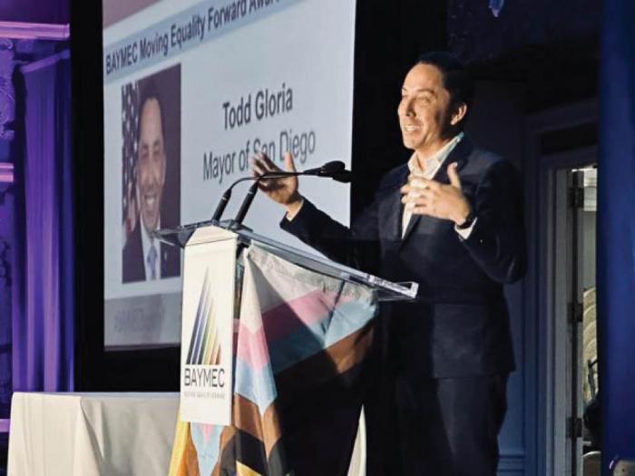 San Diego Mayor Todd Gloria addressed the BAYMEC crowd at the South Bay's LGBTQ political organization's 39th annual brunch gala in San Jose Sunday, April 16. Photo: Lam Nguyen