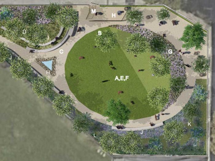 A preliminary design showed lots of play areas for dogs as well as shade trees and a water source. Illustration: Courtesy TS Studio, SF Rec and Park