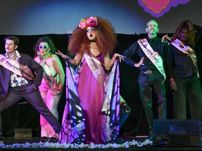 Faux queen Fauxnique, center, and her ensemble pay tribute to Heklina during the memorial event May 23 at the Castro Theatre. Photo: Gooch