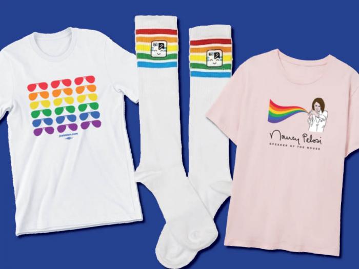 Pride-themed merchandise includes a T-shirt featuring President Joe Biden's signature aviator glasses in rainbow colors, left; the BART transit agency's BARTy character on rainbow-striped athletic socks; and Congressmember Nancy Pelosi's Pride-themed T-shirt. Photos: Courtesy online sites