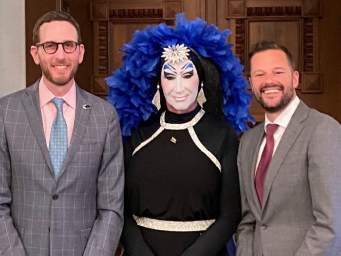 Sister Roma of the Sisters of Perpetual Indulgence, center, was honored by state Senator Scott Wiener (D-San Francisco), left, and Assemblymember Matt Haney June 5 where some Republican lawmakers walked out during the ceremony. Photo: From Haney's Twitter