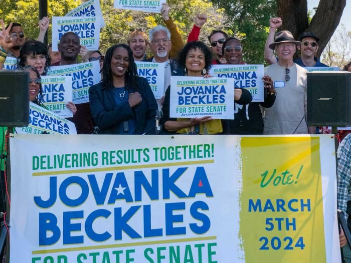 State Senate candidate Jovanka Beckles, center left, spoke to supporters during her campaign kickoff May 13 in Richmond. Photo: Courtesy the campaign