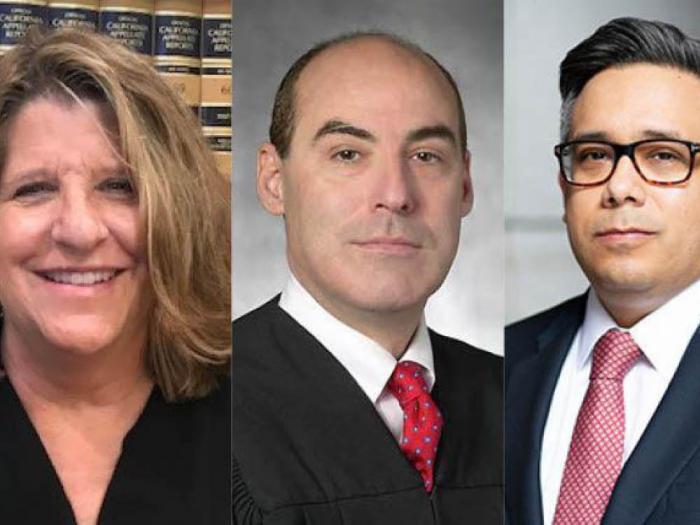 Justice Laurie Earl, left, Judge David Rubin, and Governor Gavin Newsom's deputy judicial appointments secretary Gonzalo Martinez were all recently nominated to state appellate court positions and will soon have their confirmation hearings. Photos: Courtesy Governor's office<br>