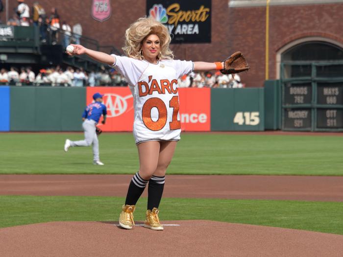 San Francisco drag laureate D'Arcy Drollinger prepares to throw out the first pitch at the San Francisco Giants' Pride Night June 10. Photo: Bill Wilson