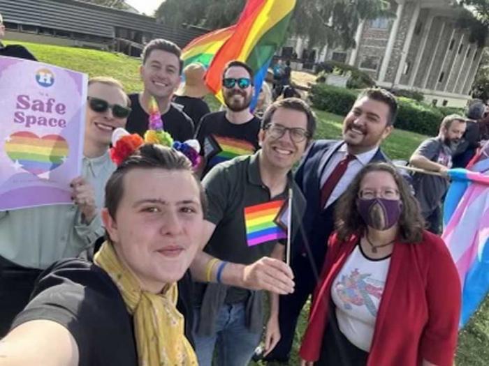 Members of the East Bay Stonewall Democratic Club held a rally outside the Hayward Unified School District office prior to the June 14 school board meeting. Photo: From Ryan LaLonde