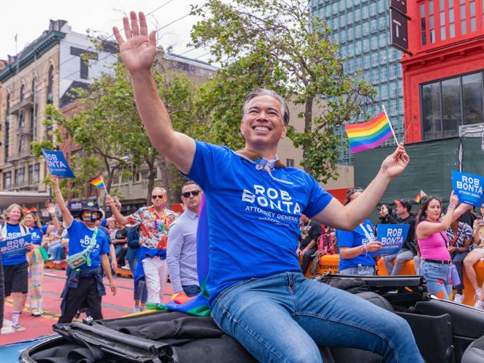 California Attorney General Rob Bonta rode in the San Francisco Pride parade June 25 and issued the statewide hate crimes report two days later. Photo: Jane Philomen Cleland